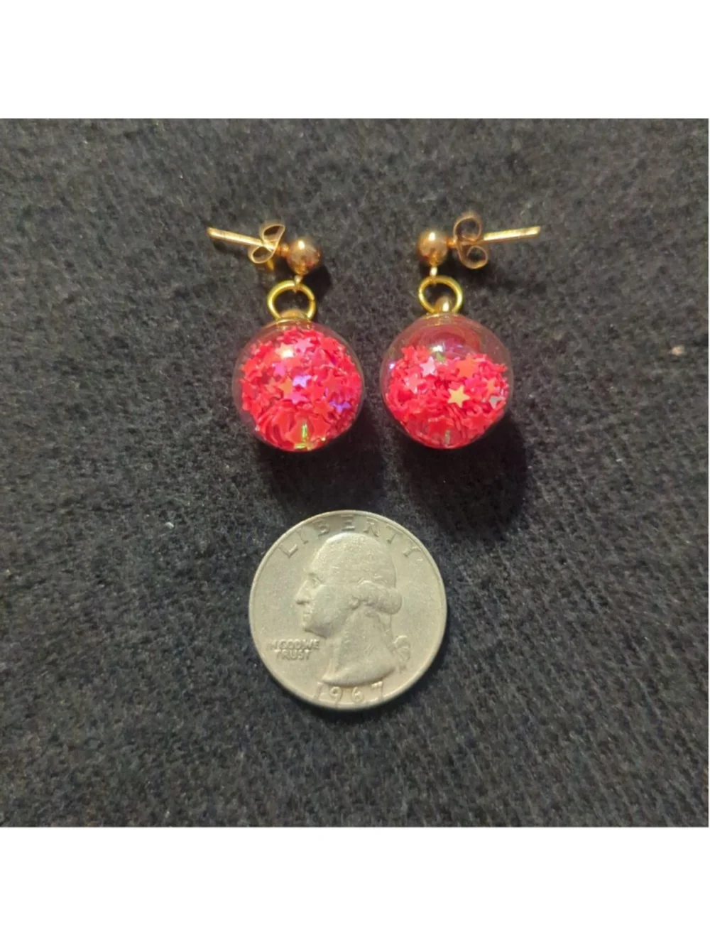 Gold Tone Coral Pink Iridescent Star Filled Balls Dangle Drop Statement Earrings